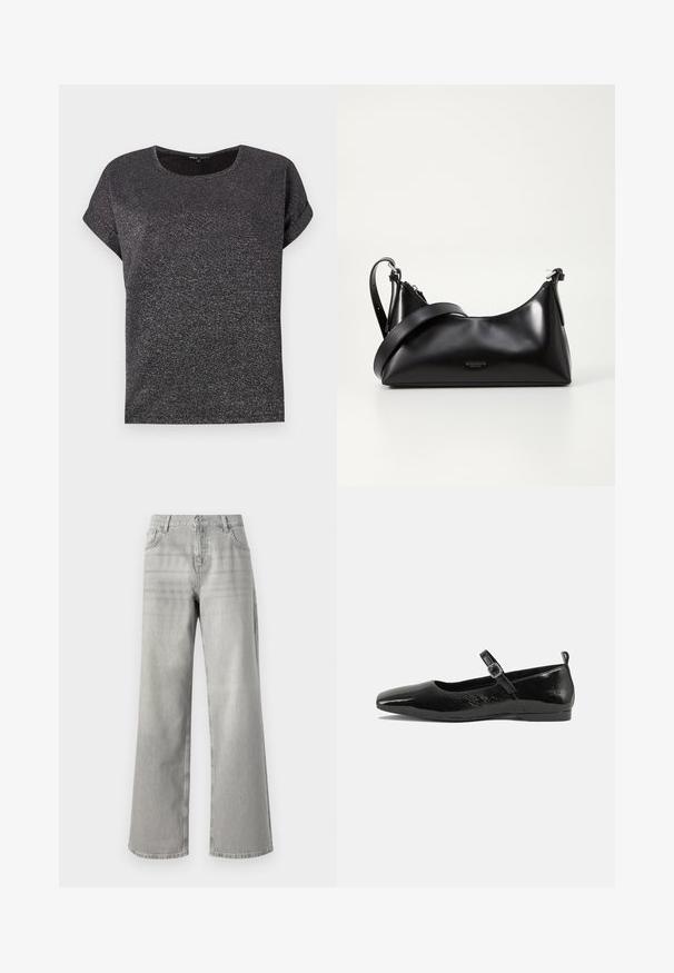 T-shirt noir à manches courtes avec un col rond, doté d'un tissu texturé avec une subtile brillance. Coupe décontractée avec des manches retroussées.; Jean grise à jambes larges avec taille haute, en denim. Comprend deux poches avant et un design épuré, sans ornements.; Chaussure plate en cuir verni noir avec un bout pointu, une sangle de cheville avec boucles, et une texture lisse et brillante. Talon bas pour le confort.; Sac à main en cuir noir avec une texture lisse. Dispose d'une bandoulière adjustable et d'un design élégant et minimaliste avec une fermeture éclair.