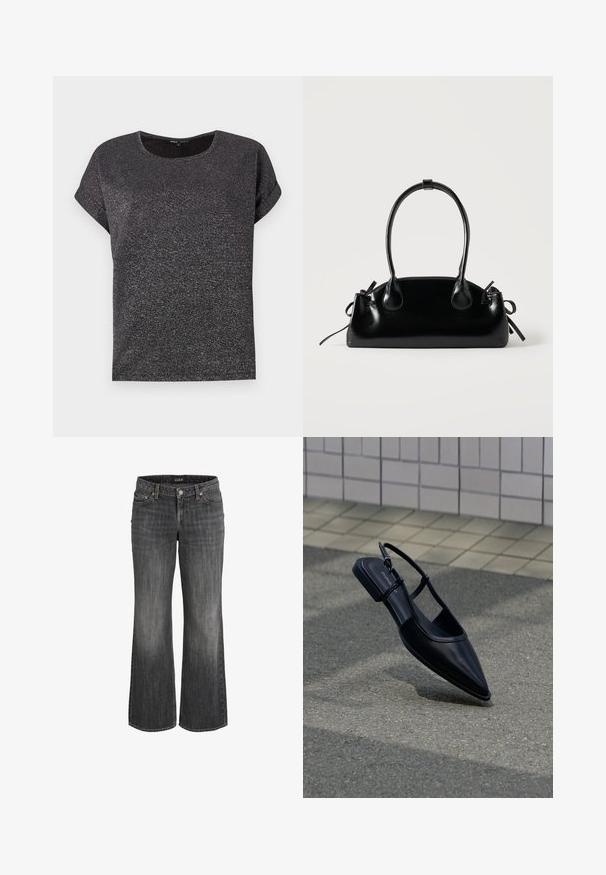 T-shirt noir à manches courtes avec un col rond, doté d'un tissu texturé avec une subtile brillance. Coupe décontractée avec des manches retroussées.; Jeans en denim noir délavé à coupe droite, avec bouton frontal, passants pour ceinture, et design à cinq poches.; Chaussure plate noire à bout pointu avec bride arrière, flottant au-dessus d'une surface en bitume à côté d'un trottoir carrelé.; Petit sac à main noir brillant avec deux longues anses et des détails à cordon sur les côtés sur un fond clair uni.
