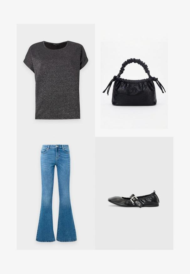 T-shirt noir à manches courtes avec un col rond, doté d'un tissu texturé avec une subtile brillance. Coupe décontractée avec des manches retroussées.; Jean flare en denim bleu avec une taille mi-haute, comportant cinq poches, un bouton standard et un léger délavage pour la texture.; Chaussure plate en cuir noir avec un nez pointu, des détails froncés autour de l'ouverture et un accent en boucle argentée sur la bride ajustable.; Sac à main noir avec texture crocodile, bord supérieur froncé, poignée plissée et pompons à cordon de chaque côté sur fond blanc.