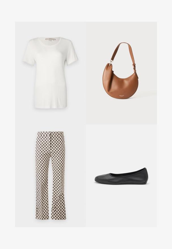 T-shirt blanc à manches courtes en coton doux et extensible. Dispose d'un col rond et d'une texture lisse et unie sans motifs visibles.; Pantalon crème taille haute avec motif losanges noirs, coupe droite et fermeture à boutons devant.; Ballerines en cuir noir avec un bout rond, texture lisse, détails de couture minimalistes et design de semelle flexible.; Sac d'épaule en cuir marron en forme de croissant avec une bandoulière réglable et un petit texte logo argenté en bas au centre.