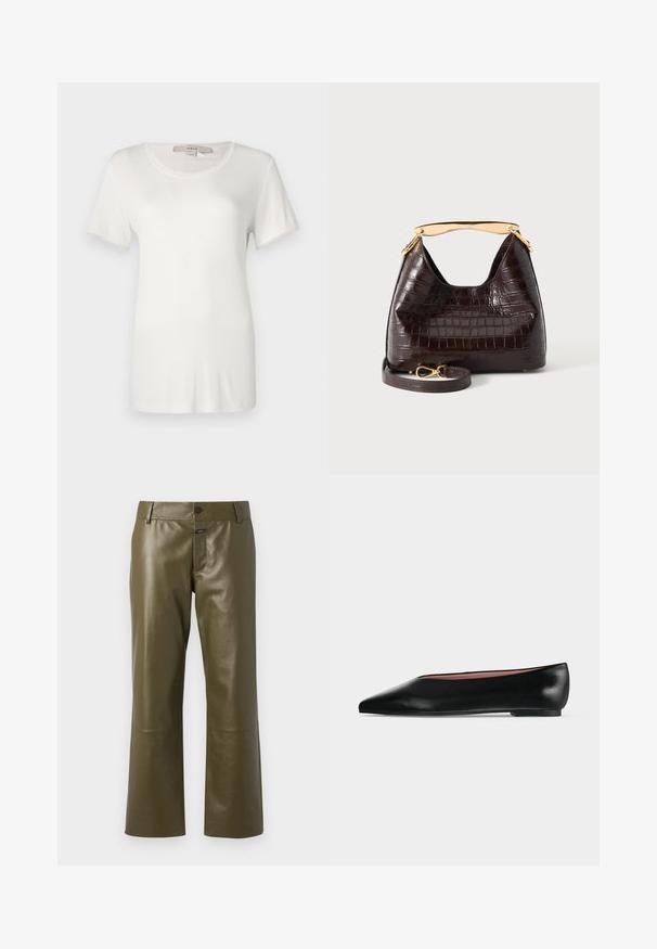 T-shirt blanc à manches courtes en coton doux et extensible. Dispose d'un col rond et d'une texture lisse et unie sans motifs visibles.; CLOSED SERANDON - Pantalon en cuir - marsh green; Chaussure plate en cuir noir pour femme, avec bout pointu et petit talon, vue de côté sur un fond gris clair uni.; Sac à main marron foncé à texture crocodile avec une poignée dorée courbée et une bandoulière assortie amovible avec une boucle dorée, présenté sur fond blanc.