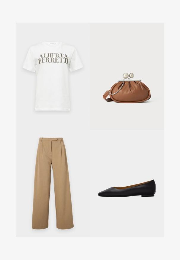 Witte katoenen t-shirt met een opvallend zwart en zilver grafisch tekstontwerp met de tekst "ALBERTA FERRETTI." Korte mouwen en een ronde hals.; Wijdvallende broek in lichtbruin, gemaakt van gestructureerde stof. Voorzien van voorplooien en een getailleerde tailleband. Eenvoudig ontwerp zonder zichtbare hardware.; Zwarte leren puntschoen met lage hak en gladde afwerking, zijaanzicht op een lichtgrijze achtergrond.; Bruine leren clutch met een zilveren balsluiting en een klein zilveren kettingdetail op een witte achtergrond.