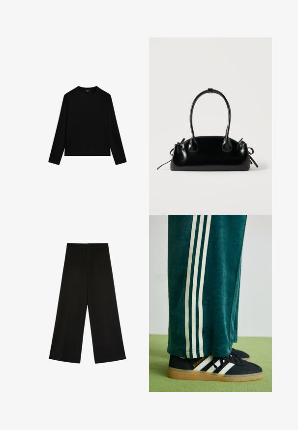 Sort langærmet top lavet af glat stof, med rund halsudskæring og cropped kant. Simpelt design uden synlige mønstre eller accenter.; Sorte bukser med brede ben, knap- og lynlåslukning, bæltestropper og frontfolder, lagt fladt på en hvid baggrund.; Grønne teksturerede bukser med hvide sidelince, parret med sorte Adidas sneakers med tre hvide striber og en gummisål.; Lille sort blank håndtaske med to lange håndtag og snøre-detaljer i siden på en ensfarvet lys baggrund.