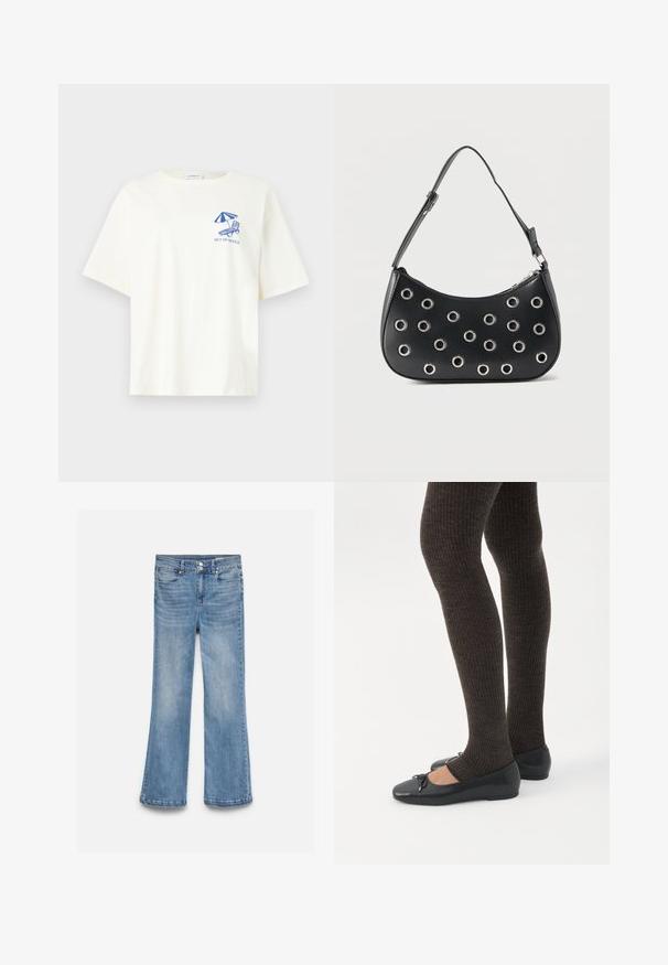 T-shirt blanc à manches courtes avec un graphisme bleu d’une chaise de plage et d’un parasol, avec le texte « OUT OF OFFICE » sur la poitrine gauche.; Jean en denim bleu clair avec une taille haute, une fermeture double bouton, des poches avant et arrière, et des jambes légèrement évasées.; Jambes portant des leggings côtelés foncés associés à des ballerines noires avec de petits détails en nœud sur fond blanc.; Sac d'épaule en cuir noir avec bandoulière réglable, orné d'œillets en métal argenté et fermeture éclair supérieure.