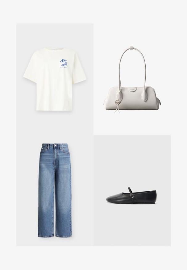 T-shirt blanc à manches courtes avec un graphisme bleu d’une chaise de plage et d’un parasol, avec le texte « OUT OF OFFICE » sur la poitrine gauche.; Jean en denim bleu taille haute, jambes larges, avec poches avant, passants pour ceinture, fermeture par bouton et légère décoloration au niveau des cuisses.; Ballerines noires en cuir avec un bout pointu, une semelle plate et une petite sangle avec un détail de boucle en argent.; Sac à bandoulière blanc Calvin Klein avec longues poignées, forme rectangulaire, fermeture éclair et charm logo décoratif suspendu près de la poignée.