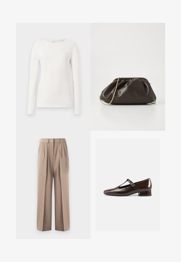 Witte katoenen blouse met lange mouwen en een ronde halslijn, gladde textuur en getailleerde pasvorm. Geen zichtbare patronen of accenten.; Beige broek met een hoge taille, twee voorplooien en een wijde pasvorm. Gemaakt van gladde stof met een nette afwerking en zonder zichtbare hardware.; Bruine lakleren Mary Jane-schoenen met een afgeronde neus, een uitgesneden ontwerp en een verstelbare riem. Lage blokhak.; Bruine leren handtas met een geaccentueerd ontwerp, gouden kettinghengsel en een zachte, textuurafwerking. Compacte vorm geschikt voor avondgebruik.