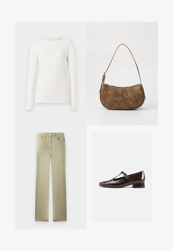 Langærmet hvid bomulds skjorte med rund halsudskæring, glat overflade og tætsiddende silhuet. Ingen synlige mønstre eller accenter.; Beige straight-leg jeans med for- og baglommer, knap- og lynlås-lukning, vist mod en hvid baggrund.; Brune Mary Jane-sko i laklæder med en rundet tå, udskæringsdesign og justerbar rem. Lav blokhæl.; Brun faux læder skuldertaske med en buet form, en enkelt strop, kontrasterende syninger og en lynlåslukning langs den øverste kant.