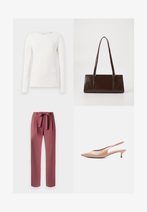 Witte katoenen blouse met lange mouwen en een ronde halslijn, gladde textuur en getailleerde pasvorm. Geen zichtbare patronen of accenten.; Rechte mauve broek met een stoffen riem die in een strik is gebonden in de taille en plooien aan de voorkant.; Beige lakleren slingback schoen met puntige neus en lage kittenhak, in profiel afgebeeld tegen een witte achtergrond.; Bruine lakleren handtas met een rechthoekige vorm, twee lange handvatten en subtiele gebogen accenten aan de voorkant.