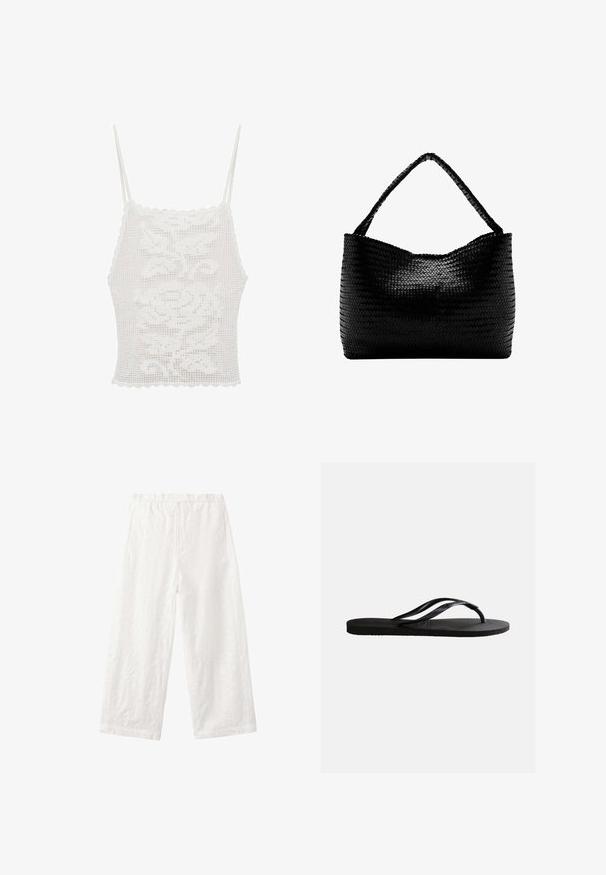 Hvid hæklet top med bølgede kanter og tynde stropper, der har et blomster mønster, lavet af tekstureret blonderlignende materiale.; Hvide bukser med vide ben, elastisk talje og subtilt blomsterrelief på stoffet, vist fladt på en hvid baggrund.; Sort gummiflip-flop sandal med tekstureret fodseng og tynde Y-formede remme på en ensartet hvid baggrund.; Sort vævet håndtaske med et enkelt flettet håndtag, rektangulær form og glansfuld tekstureret overflade.