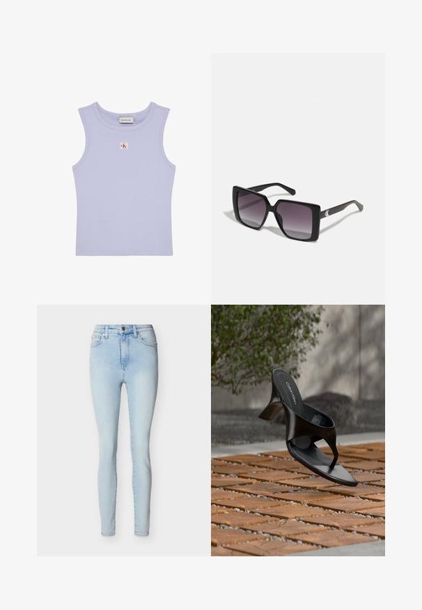 Crop top lilas côtelé sans manches avec encolure ronde et petit patch logo Calvin Klein rouge et blanc sur la poitrine.; Jean skinny bleu clair taille haute avec fermeture à boutons et zip à l'avant, cinq poches et légère décoloration le long des jambes.; Sandale à talon noire Calvin Klein en forme de tongs flottant au-dessus d'une surface extérieure carrelée avec de la verdure et un mur en béton en arrière-plan.; Lunettes de soleil noires carrées avec des verres gris dégradés. Montures brillantes avec des lignes épurées. Accent logo argenté sur les branches.