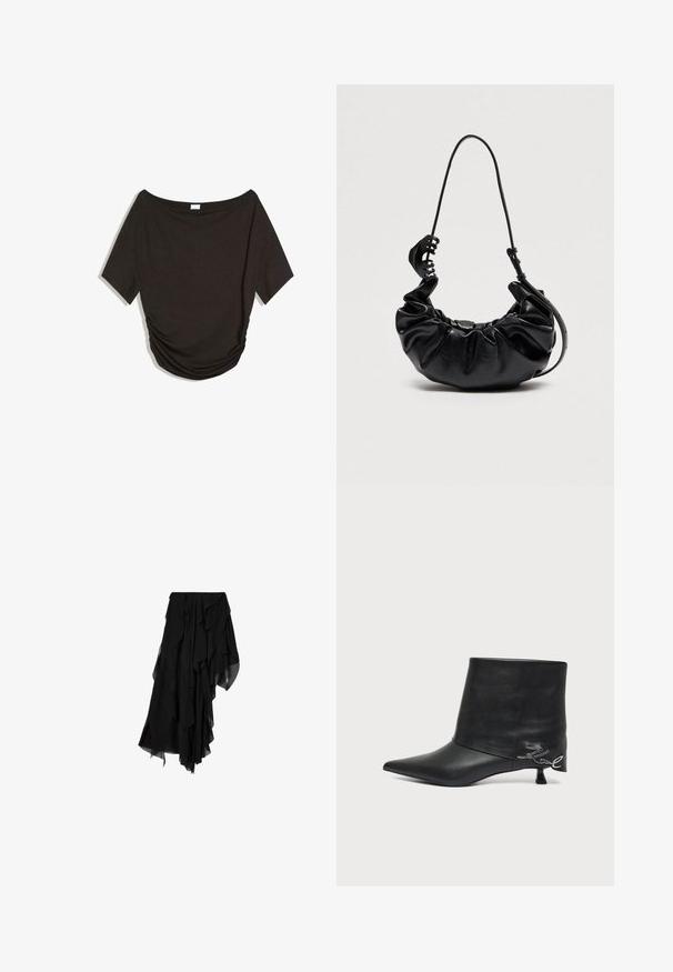 Top negru cu umerii goi, cu mâneci scurte, realizat dintr-un material moale, având detalii strânse pe lateral și un croi lejer.; Fustă neagră asimetrică din material chiffon stratificat și fluid, creând un tiv neregulat, cu volane.; Gheata neagră din piele, până la glezna, cu vârful ascuțit, toc scurt kitten și detaliu cu scris argintiu aproape de călcâi.; Geantă de mână din piele neagră, fronsată, cu bretea de umăr reglabilă și o agrafă mare de păr neagră atașată de bretea, pe un fundal simplu.