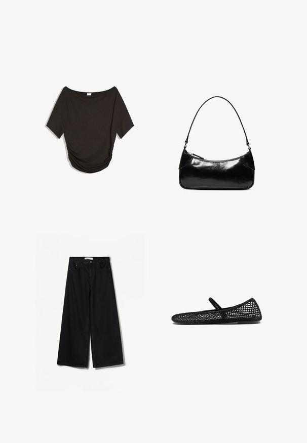 Sort off-shoulder top med korte ærmer, lavet af blødt stof, med rynkede detaljer på siden og en afslappet pasform.; Sorte bredbenede jeans lavet af denim. Har en høj talje, for- og baglommer samt sølvfarvet hardware på knap- og lynlåslukningen.; Sort flad sko i netmateriale med lav sål og en enkelt tynd rem over toppen, designet til afslappet brug.; Sort, blank skuldertaske i læder med et enkelt rum med lynlås og en tynd rem buet i en bueform.