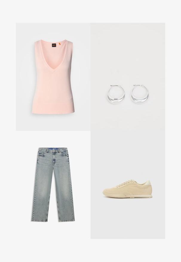 Lys pink udenær sweater med dyb V-udskæring, ribbede kanter, glat tekstur og broderet logo nederst til venstre.; Lyseblå jeans med vide ben lavet af denim, med udvaskede områder, fem lommer og en blå mærket taljebånd.; Beige ruskinds sneakers med snørebånd, struktureret overflade, kontrasterende gummisål og en let hæl. Minimalistisk stil med diskret branding.; Sølv hoops øreringe med en poleret overflade og DKNY branding, præsenteret mod en simpel hvid baggrund.