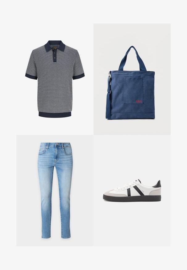 Polo homme à manches courtes en maille bleu marine et blanche avec motif ondulé, patte de boutonnage à trois boutons, col, manches et ourlet côtelés.; Jean slim bleu clair avec poches avant et arrière, fermeture par bouton et légère décoloration au niveau des cuisses et des genoux.; Baskets blanches avec des accents noirs et gris, présentant un embout texturé gris, une semelle en caoutchouc noir et des lacets plats blancs. Design épuré, style minimaliste.; Sac fourre-tout en toile bleue avec poche frontale et broderie rouge "O.N.S", doté de doubles poignées et d'une bandoulière réglable.