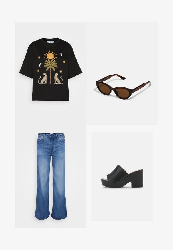 T-shirt en coton noir avec un design central de palmier, flanqué de deux léopards, de graphiques de soleil et de lune dans des tons dorés et crème.; Jean bleu taille haute avec une coupe jambes larges, légère décoloration sur les cuisses, design standard à cinq poches et fermeture par bouton à la taille.; Des mules ouvertes en cuir noir présentent une large lanière avant et un talon en plateforme épais et haut avec une texture lisse. Vue de côté présentée.; Lunettes de soleil en écaille de tortue marron avec une forme vintage de lunettes cat-eye et des verres marron. Présente des branches courbées avec des accents rouges.