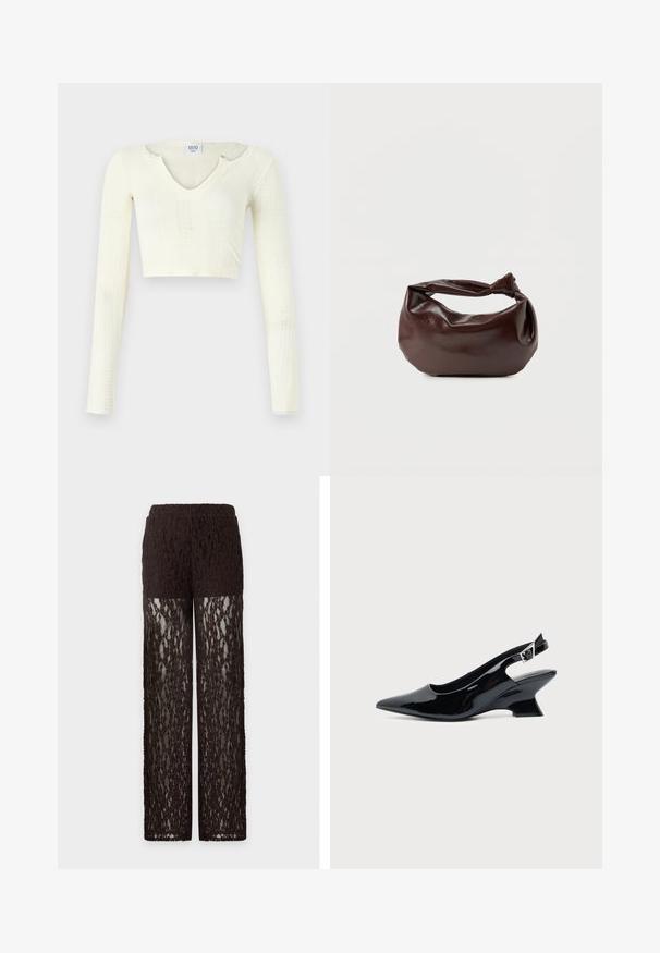 Kort top i off-white strikmateriale. Lange ærmer med ribbet struktur og små udskæringer omkring halsudskæringen.; Brune blondebukser med ugennemsigtig øvre lårsektion og gennemsigtige blondeben, lige snit og elastisk linning.; Sort laklæder slingback sko med spids tå og lav vinklet blokhæl på ensartet lys baggrund.; Mørkebrun læder skuldertaske med en blød, afslappet form og et snoet knudehåndtag på en ensartet hvid baggrund.