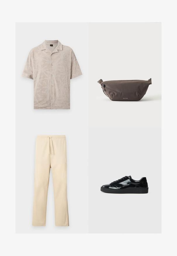 Chemise beige à manches courtes avec boutons, motif de feuilles texturées subtile, petit col, posée à plat sur un fond blanc.; Pantalon de survêtement beige en tissu doux, doté d'une taille élastique avec cordon de serrage, jambes droites et détail de poche latérale.; Baskets en cuir verni noir avec un bout arrondi, un laçage, une semelle en caoutchouc texturé et une finition lisse.; Sac banane en tissu marron foncé avec poche zippée en diagonale et petit logo blanc sur le devant, sur un fond clair uni.