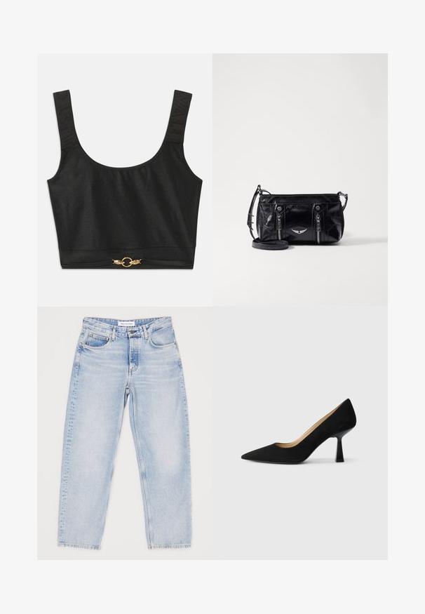 Sort cropped top med brede stropper; strukturerede stropper med "JUST" præget; har guldtonet cirkulært hardware ved nederkanten.; Lyseblå denimjeans med en afslappet pasform, fem lommer og lige ben. Begyndende slid, øverste knap og lynlåslukning.; Sorte ruskinds højhælede pumps med spids tå, der har en blank sort blokhæl og en glat indvendig foring.; Sort faux læder crossbody taske med lynlåslommer, et dekorativt sølv emblem og en justerbar rem. Glossy tekstur og kompakt form.