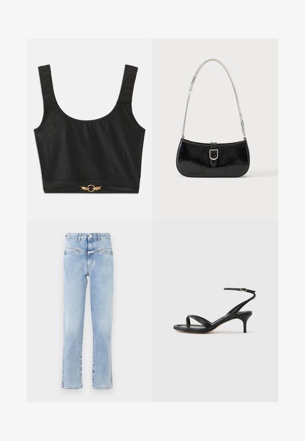 Sort cropped top med brede stropper; strukturerede stropper med "JUST" præget; har guldtonet cirkulært hardware ved nederkanten.; Lys blå denim jeans med høj talje og lige pasform. Har subtil falming, standard fem-lomme design og metalknaplukning.; Sort damesandal i læder med tynde remme, en tå-loop, ankelspænde og en mellemhøj stiletthæl på en neutral baggrund.; Sort skuldertaske i laklæder med sølv spænde og sølv kæderem, vist mod en ensartet lys baggrund.