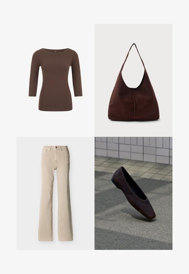 Brun langærmet top med rund halsudskæring, lavet af blødt materiale. Har et tætsiddende design og en glat tekstur.; Beige højtaljede jeans med knap- og lynlåslukning foran, fem lommer og en let flared benåbning mod en ensfarvet baggrund.; Enkelt mørkebrun flad sko svævende over tekstureret jord med baggrund af flisebelagt væg.; Brun suedette hobo taske med en stor, buet åbning og en bred skulderrem. Har en centreret søm på forsiden. Glat tekstur.