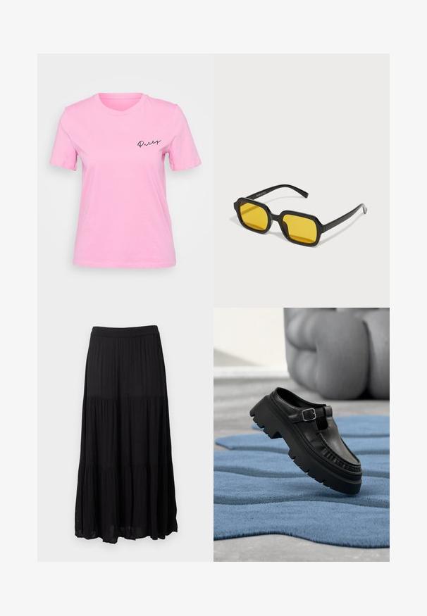 Roze katoenen T-shirt met korte mouwen, een ronde halslijn en het woord "Party" in sierlijk zwart lettertype op de linkerborst.; Zwarte maxi rok met lagen en een elastische tailleband en een licht gekreukelde stofstructuur, hangend tegen een witte achtergrond.; Zwarte leren loafer met dikke grof profielzool en zilveren gesp, schuin geplaatst op een gestructureerd blauw vloerkleed.; Zwarte rechthoekige zonnebril met gele lenzen. Kenmerken zijn onder andere dikke monturen en een hoekig ontwerp met een gladde, glanzende afwerking.