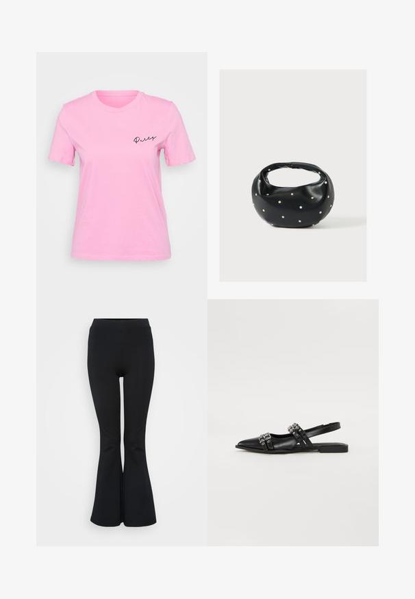 Roze katoenen T-shirt met korte mouwen, een ronde halslijn en het woord "Party" in sierlijk zwart lettertype op de linkerborst.; Zwarte flared leggings van rekbaar materiaal. Beschikt over een hoge tailleband en een gladde textuur. Eindigt in een flared zoom.; Even&Odd by Zalando Slingback ballerina´s - black; Zwarte leren handtas met een afgeronde vorm, versierd met zilveren studs, en een korte handgreep. Gladde textuur en ritsluiting.