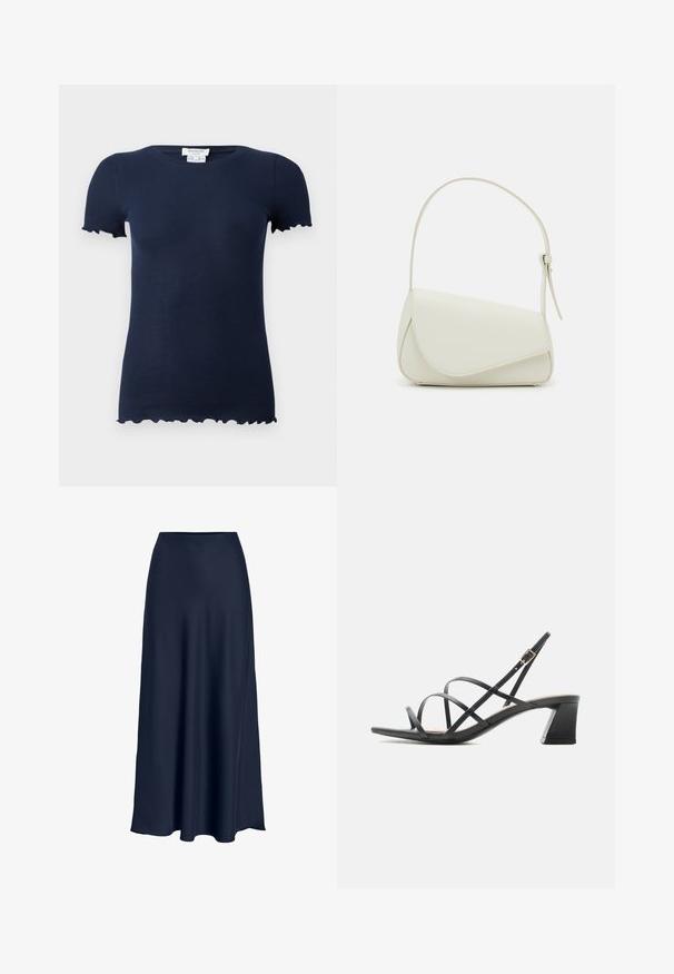 Marineblauw geribd t-shirt met een aansluitend ontwerp, korte mouwen en gegolfde randen bij de mouwuiteinden en onderkant. Zacht, rekbaar materiaal.; Navyblauwe satijnen maxirok met een gladde textuur, hoge taille en vloeiende silhouet. Eindigt met een lichte curve aan de zoom.; Zwarte sandaal met hak, dunne gekruiste bandjes, enkelgesp en blokhak van gemiddelde hoogte, zijaanzicht op een witte achtergrond.; Witte nepleren handtas met een gestructureerde driehoekige vorm, een enkele verstelbare schouderriem en een klep met ronde accenten.