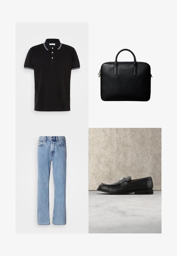 Sort polo-shirt lavet af bomuld, med en tre-knaps lukning, hvid kant på kraven og ærmerne samt diskret logodetaljering.; Lyseblå denimjeans med lige ben design, fem lommer og knaplukning. Syninger nær lommer og talje.; Sort læderloafer med metalbrandskilt hvilende nær et brunt rundt bord på beige tæppe.; Sort tekstureret lædermappe med dobbelte håndtag og sølv lynlås, centreret på hvid baggrund.