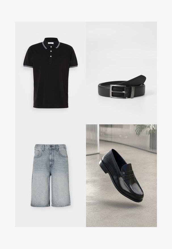 Camisa polo negra de algodón, con un cierre de tres botones, ribetes en blanco en el cuello y las mangas, y un logo discreto.; Pantalones cortos vaqueros azul claro hasta la rodilla con bolsillos delanteros, trabillas para cinturón y cierre de botón sobre un fondo blanco.; Mocasines de cuero negro con acabado liso, punta redondeada, costuras decorativas y una suela ligeramente elevada.; Cinturón de cuero negro con hebilla de metal plateada, que presenta un acabado suave y un diseño clásico. El cinturón está neatly doblado.