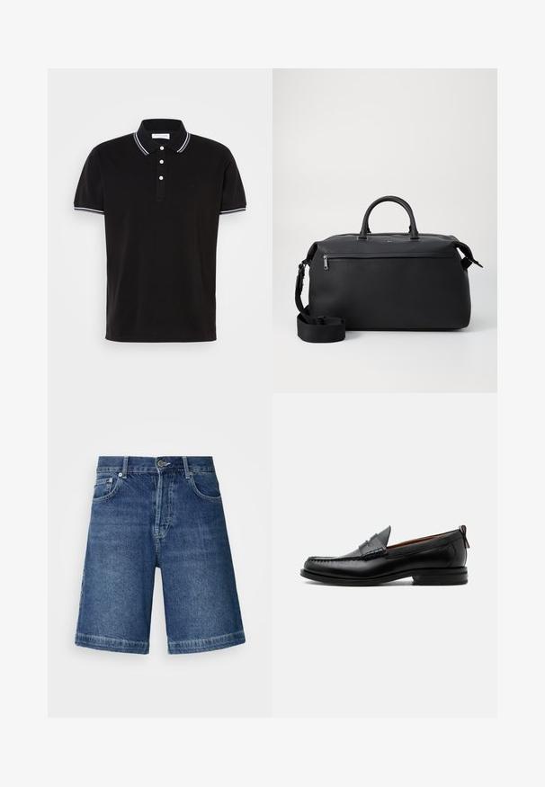 Zwarte polo shirt van katoen, met een drie-knopen sluiting, witte afwerking op de kraag en mouwen, en subtiele logo-detailing.; Donkerblauwe denim shorts met een rechte snit, vijf zakken en gestikte zoom. Voorzien van een sluiting met een knoop en rits.; Zwarte leren herensloffen met moc toe stiksel, pennyriem, gestructureerde kraag en lage gestapelde hak op witte achtergrond.; Zwarte leren reistas met twee bovenhandvaten, een afneembare schouderband en een ritsvak aan de voorkant voor extra opbergruimte.