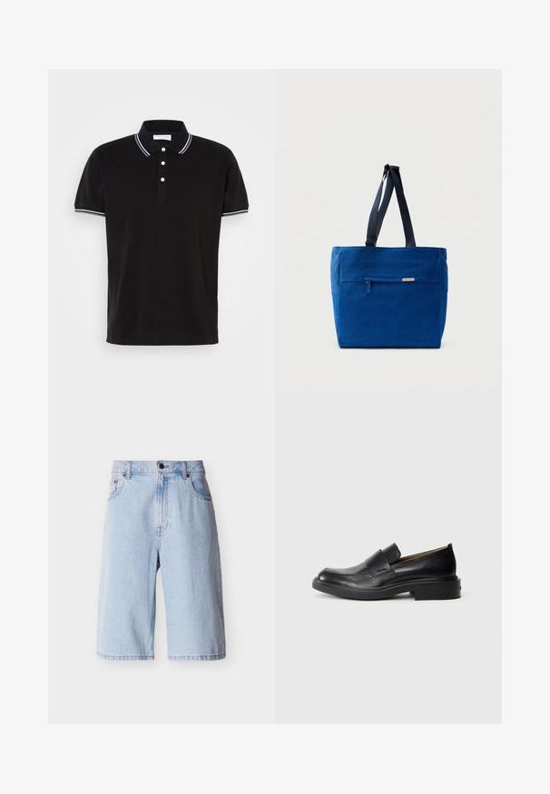 Camisa polo negra de algodón, con un cierre de tres botones, ribetes en blanco en el cuello y las mangas, y un logo discreto.; Pantalones cortos de mezclilla azul claro hasta la rodilla con botón y cremallera delanteros, trabillas para cinturón y bolsillos laterales, mostrados sobre un fondo liso.; Zapato de vestir negro de cuero sin cordones con tacón bajo y un sutil logo de Calvin Klein en el lateral, mostrado en perfil sobre un fondo blanco.; Bolsa de lona azul con un bolsillo frontal con cremallera, correas dobles para el hombro y forma rectangular. Cuenta con una etiqueta de marca sutil.