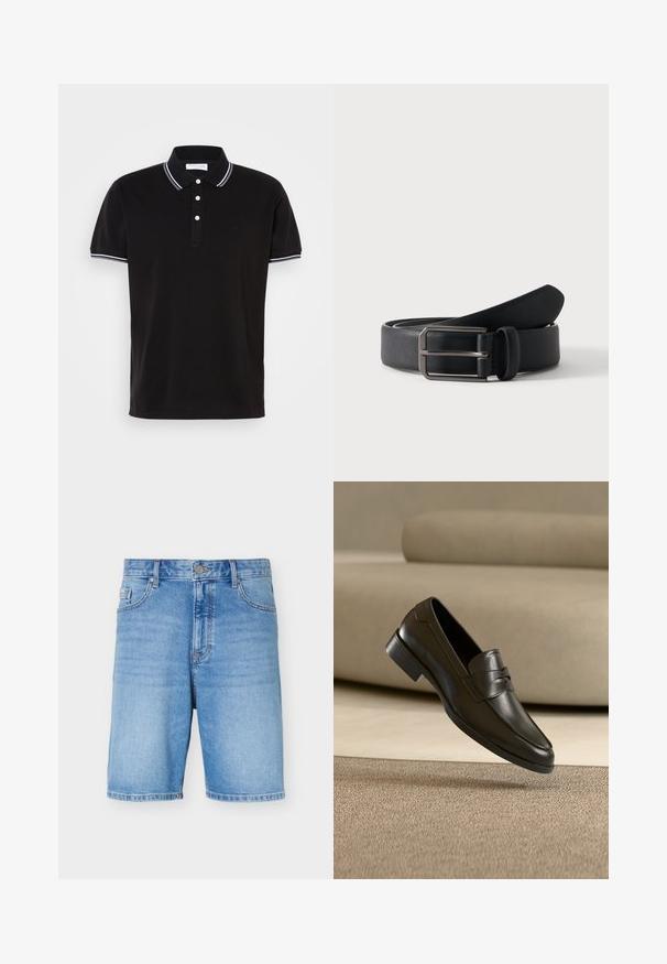 Camisa polo negra de algodón, con un cierre de tres botones, ribetes en blanco en el cuello y las mangas, y un logo discreto.; Pantalones cortos vaqueros azul claro con botón y cremallera delanteros, trabillas para cinturón y bolsillos frontales, mostrados sobre un fondo blanco liso.; Zapato mocasín de cuero negro flotando sobre una alfombra beige con un sofá beige en el fondo, mostrando el diseño clásico para hombres sin cordones.; Cinturón de cuero negro enrollado con hebilla rectangular de metal plateado sobre un fondo claro y sencillo.