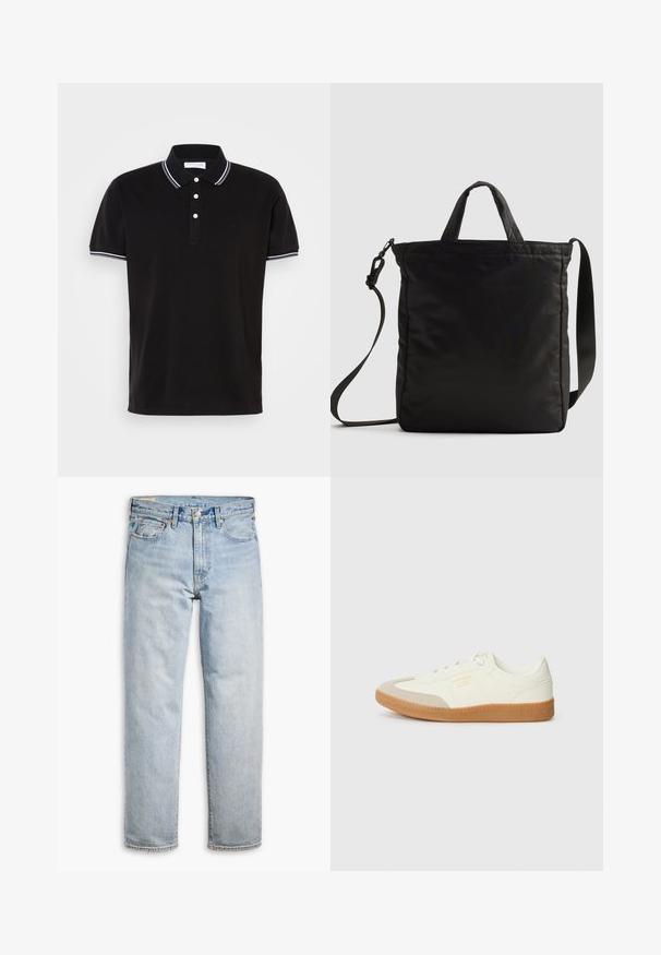 Camisa polo negra de algodón, con un cierre de tres botones, ribetes en blanco en el cuello y las mangas, y un logo discreto.; Jeans de mezclilla azul claro, diseño de pierna recta, con cierre de botón, estilo de cinco bolsillos y un ligero desgaste en la tela.; Zapatilla de cuero blanca con puntera beige y suela de goma marrón claro. Presenta cordones planos blancos y una marca en relieve en el lateral.; Bolsa de mano de nailon negro con asas cortas y una correa de hombro desmontable, que presenta un diseño acolchado elegante y acentos de hardware mínimos.