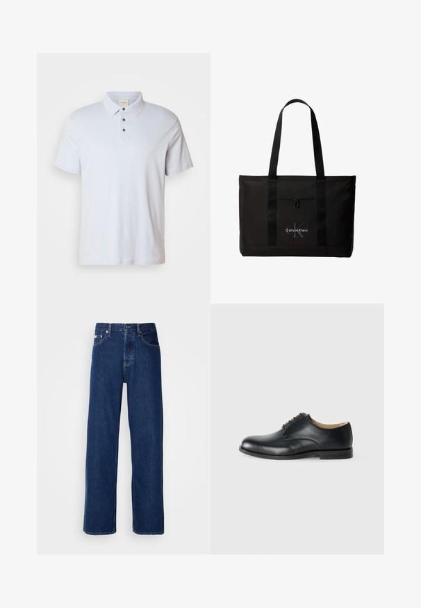 Lichtblauwe polo van katoen, met een drieknopenlijst, een opstaande kraag, korte mouwen en een klein logo op de borst.; Donkerblauwe denim jeans met een wijdbeen ontwerp, voorzien van een knoopsluiting en klassieke vijf-pocket styling. De stof heeft een gladde textuur.; Calvin Klein ESS DERBY - Veterschoenen - triple black; Calvin Klein BOLD TOTE - Shopper - black