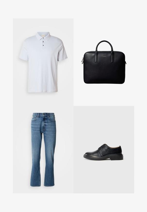 Lichtblauwe polo van katoen, met een drieknopenlijst, een opstaande kraag, korte mouwen en een klein logo op de borst.; Lichtblauwe denim jeans met een rechte snit en een lichte flare. Beschikt over vijf zakken, een knoopsluiting en subtiele wassingdetails.; Zwarte leren oxford-schoen met ronde neus, vetersluiting aan de voorkant en een lage gestapelde hak op een effen lichte achtergrond.; Zwarte leren aktetas met dubbele handvatten, rechthoekige vorm en zilverkleurige ritstrekkers, voorzien van een klein geperst logo in het midden.