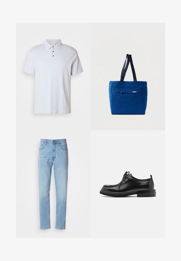 Lichtblauwe polo van katoen, met een drieknopenlijst, een opstaande kraag, korte mouwen en een klein logo op de borst.; Lichtblauwe denim jeans met een rechte pasvorm, vijf zakken en riemlussen. De stof heeft een gladde textuur met een lichte vervaging.; Calvin Klein LACE UP APRON BRUSH OFF - Veterschoenen - black; Blauwe canvas boodschappentas met een voorvak met rits, dubbele schouderbanden en een rechthoekige vorm. Heeft een subtiel merklabel.