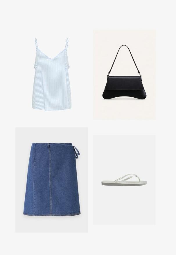 Blå og hvid stribet camisole-top med tynde skulderstropper, der har en V-halsudskæring og en løs, flydende form. Blød stofstruktur.; Denim indpakningsskørt i mørkeblå. Har en lige snit, synlige syninger og et sideløkke til justering. Glat tekstur og standard kant.; Hvid gummiflipflopsandal med struktureret sål og tynde Y-formede stropper, vist fra siden på en ensartet lys baggrund.; Sort læderhåndtaske med en buet bund, klaplukning og en enkelt tynd skulderrem mod en ensartet lys baggrund.