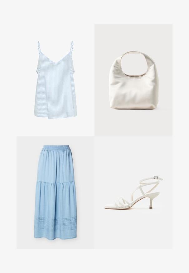 Top de tirantes finos a rayas azules y blancas, con un diseño de cuello en V y una forma suelta y fluida. Textura de tejido suave.; Falda larga azul claro con volantes, cintura elástica y detalles de pliegues horizontales cerca del dobladillo.; Sandalia blanca de mujer con tiras, tacones delgados, tres tiras delanteras y una correa en el tobillo con hebilla plateada.; Bolso blanco suave con un asa rectangular redondeada y una textura flexible y lisa sobre un fondo claro.