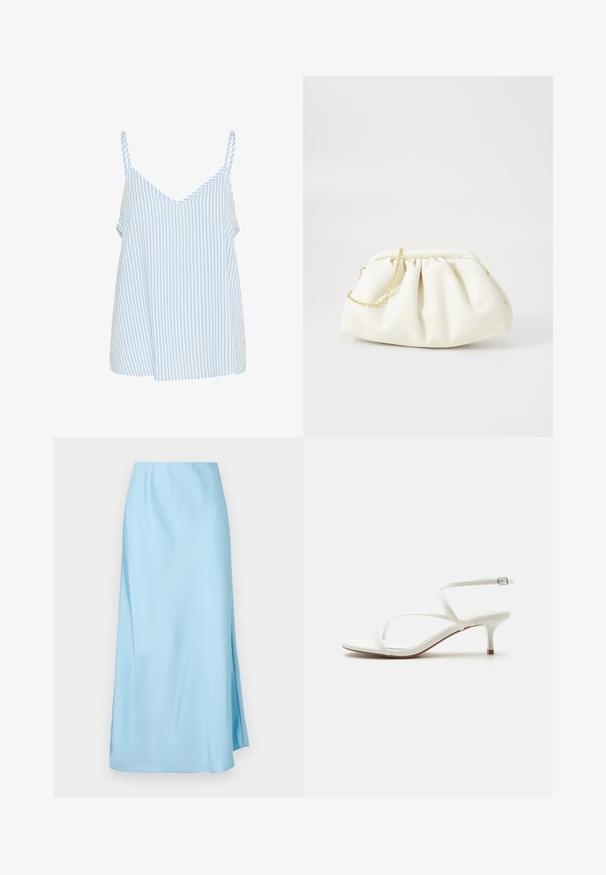 Blå og hvid stribet camisole-top med tynde skulderstropper, der har en V-halsudskæring og en løs, flydende form. Blød stofstruktur.; Lyseblå midi nederdel med glat tekstur, der har et lille sideslids og elastik i taljen for komfort og nem wearing.; Hvid damesandal med remme, lav kittenhæl og ankelspænde på ensartet hvid baggrund.; Hvid læderhåndtaske med en samlede design, forsynet med en guldkæde-strop og en rund form. Glat tekstur med bløde folder og ingen mønstre.