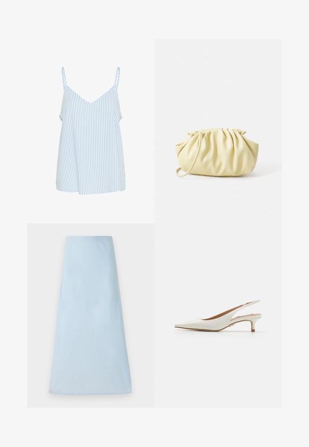 Blå og hvid stribet camisole-top med tynde skulderstropper, der har en V-halsudskæring og en løs, flydende form. Blød stofstruktur.; Lys blå A-linjeet nederdel lavet af et glat stof, med et rent design uden synlige mønstre eller accenter, der når til midten af låret.; Steve Madden KARI - Pumps - white; Gul plisseret håndtaske lavet af glat kunstlæder, med en blød form, en enkelt skulderrem og samlet topdesign.