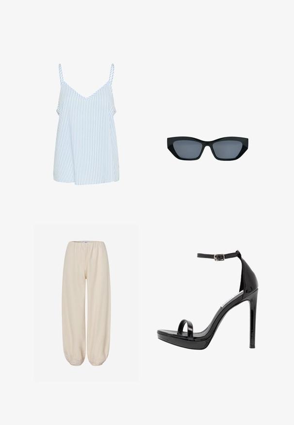 Blau-weiß gestreiftes Waschshirt mit dünnen Schulterträgern, V-Ausschnitt und lockerem, fließendem Schnitt. Weiche Stoffstruktur.; Beige locker sitzende Hose mit elastischem Bund und elastischen Säumen, für die Freizeit getragen.; Steve Madden MILANO - High Heel Sandalette - black; Schwarze Katzenaugen-Sonnenbrille mit dicken Rahmen und dunkel getönten Gläsern, vor weißem Hintergrund gezeigt.