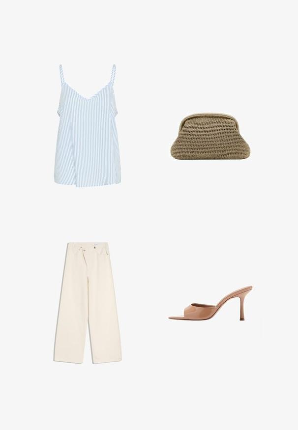 Blauw en wit gestreepte tanktop met dunne schouderbandjes, met een V-hals ontwerp en een losse, vloeiende vorm. Zachte stof textuur.; Off-white wijde broek met steekzakken aan de voorkant, lussen voor een riem en zilveren knopen op de tailleband en de randen van de zakken.; Naakte lakleren hoge hakken met een gladde, gebogen bovenzijde en een open teen. Voorzien van een naaldhak en een minimalistisch ontwerp.; Beige gevlochten clutch tas met afgeronde trapeziumvorm en een gestructureerd frame aan de bovenkant voor sluiting.
