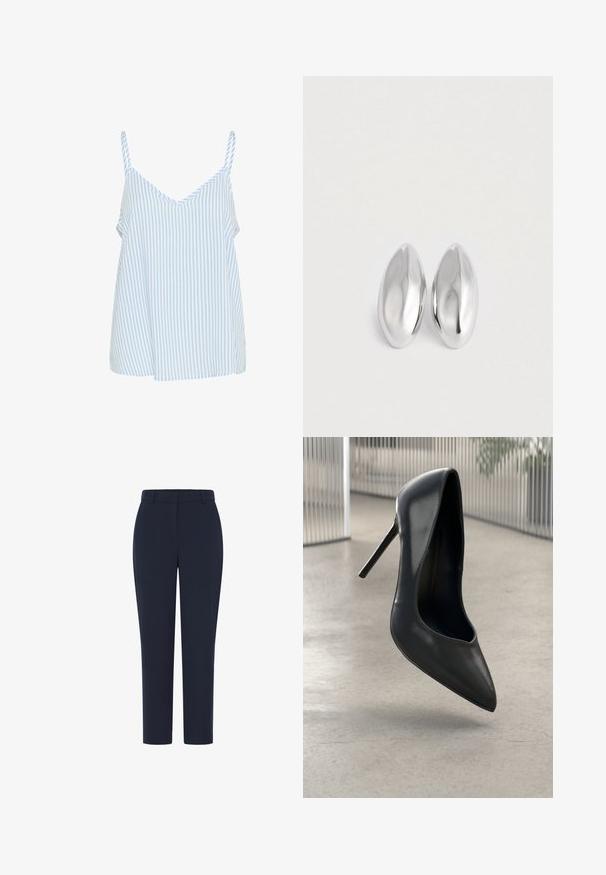 Blau-weiß gestreiftes Waschshirt mit dünnen Schulterträgern, V-Ausschnitt und lockerem, fließendem Schnitt. Weiche Stoffstruktur.; Marineblaue Hose aus glattem Stoff, mit geradem Beinverlauf und Bund mit Gürtelschlaufen. Keine sichtbaren Beschläge oder Muster.; Schwarzer Leder-Pump mit hochhackigem Absatz und spitz zulaufender Zehenpartie, elegantes Design ohne sichtbare Beschläge. Glatte Textur und minimalistischer Stil.; Ein Paar glatte, glänzende silberne ovalförmige Objekte, die nebeneinander auf einem schlichten weißen Hintergrund platziert sind.