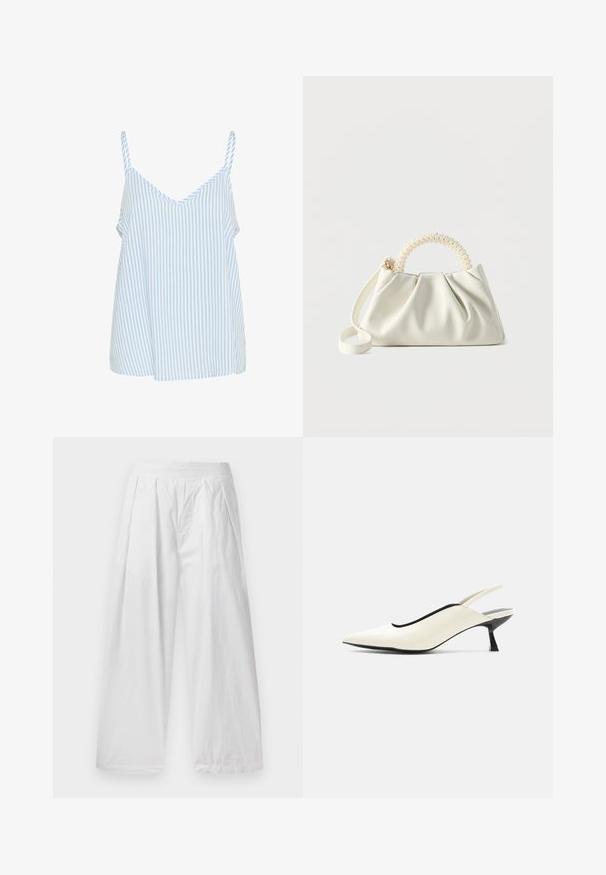 Blauw en wit gestreepte tanktop met dunne schouderbandjes, met een V-hals ontwerp en een losse, vloeiende vorm. Zachte stof textuur.; Witte wijde broekspijpen van een lichte stof. Heeft een losse pasvorm, plooien aan de voorkant en een elastische tailleband.; Crèmekleurige slingback schoen met puntige neus, lage zwarte kittenhak en een gladde leren afwerking op een witte achtergrond.; Kleine witte handtas met een gerimpeld lichaam, ronde handgreep versierd met parels en een afneembare schouderriem tegen een effen achtergrond.