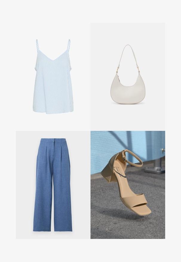 Blauw en wit gestreepte tanktop met dunne schouderbandjes, met een V-hals ontwerp en een losse, vloeiende vorm. Zachte stof textuur.; Lichtblauwe, hooggetailleerde wijde broek met voorplooien en een verborgen taillebandsluiting.; Beige blokhak sandaal met een vierkante neus, minimale bandjes en een enkelgesp. Gladde, matte stof tegen een grijze ondergrond.; Crème leren schoudertas met een halve maan vorm, dunne schouderband en subtiele stiksels. Minimalistisch ontwerp met gouden hardware accenten.