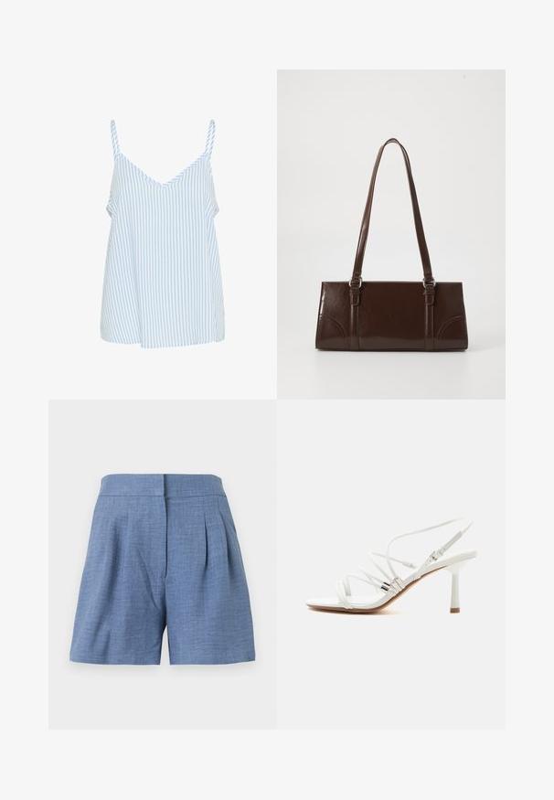 Top de tirantes finos a rayas azules y blancas, con un diseño de cuello en V y una forma suelta y fluida. Textura de tejido suave.; Pantalones cortos azules de talle alto, con pinzas delanteras y cierre de cremallera oculto, confeccionados con tela ligera.; Sandalia blanca de tacón alto con tiras finas, detalles plateados, puntera cuadrada y un tacón delgado de altura media sobre un fondo blanco liso.; Bolso de mano de piel sintética marrón con forma rectangular, dos asas largas y sutiles acentos curvados en la parte delantera.