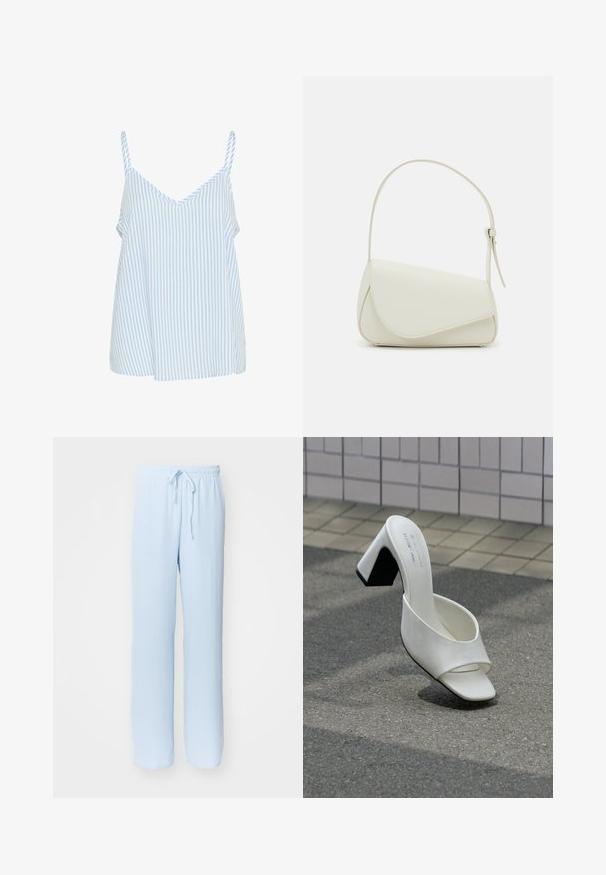 Blå og hvid stribet camisole-top med tynde skulderstropper, der har en V-halsudskæring og en løs, flydende form. Blød stofstruktur.; Lyseblå, løstsiddende bukser med elastisk talje og justerbar snøre; lavet af blødt, åndbart stof med en glat overflade.; Enkelt hvid åben tå mule med blokhæl står på grå asfalt mod en flisebelagt væg.; Hvid taske i faux læder med en struktureret trekantet form, enkelt justerbart skulderstrop og en flaplås med kurver.