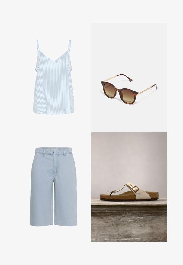 Blå og hvid stribet camisole-top med tynde skulderstropper, der har en V-halsudskæring og en løs, flydende form. Blød stofstruktur.; Lyseblå knælange denimshorts med bæltestropper og front lynlås, vist forfra på hvid baggrund.; Brun kork sål flip-flop sandal med en beige ruskindsoverdel og et enkelt justerbart rem med en metalspænde. Flad såldesign.; Skildpaddemønstret solbriller med gradient brune linser, rund facon og guldfarvede metal detaljer på stængerne.