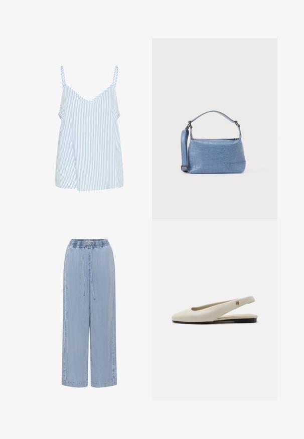 Blauw en wit gestreepte tanktop met dunne schouderbandjes, met een V-hals ontwerp en een losse, vloeiende vorm. Zachte stof textuur.; Lichtblauwe wijde denim broek met elastische tailleband en verstelbare trekkoord aan de voorkant.; Crèmekleurige leren slingback platte schoen met ronde neus en klein gouden embleem op het bandje.; Lichtblauwe handtas met krokodillenprint, voorzien van een korte handgreep en een afneembare schouderriem. Gladde textuur met een ritssluiting.
