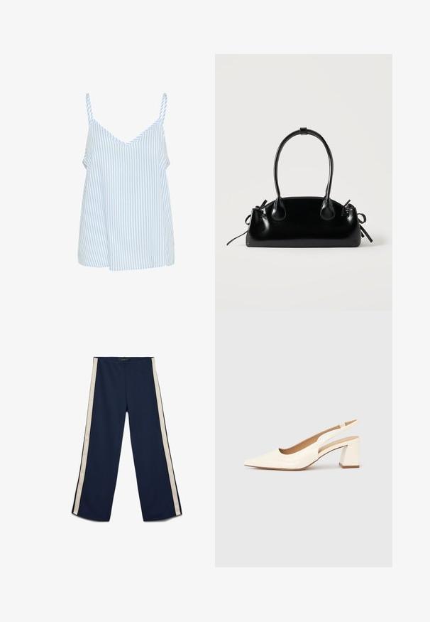 Blauw en wit gestreepte tanktop met dunne schouderbandjes, met een V-hals ontwerp en een losse, vloeiende vorm. Zachte stof textuur.; Marineblauwe broek met wijde pijpen, witte strepen aan de zijkant, elastische tailleband en een gladde stoftextuur, plat gelegd op een witte achtergrond.; Slingback pump van glanzend crèmekleurig lakleer, met een spitse neus en een stevige blokhak voor stabiliteit. Minimalistisch ontwerp, zonder versieringen.; Kleine zwarte glanzende handtas met twee lange hengsels en zijkant trekkoord details op een effen lichte achtergrond.